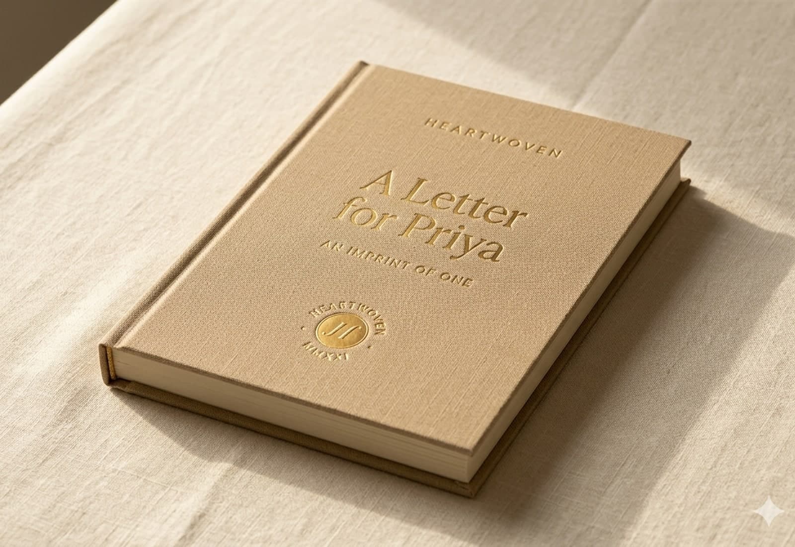 Heartwoven Hardcover — single A5 hardcover book, Tan linen with gold foil