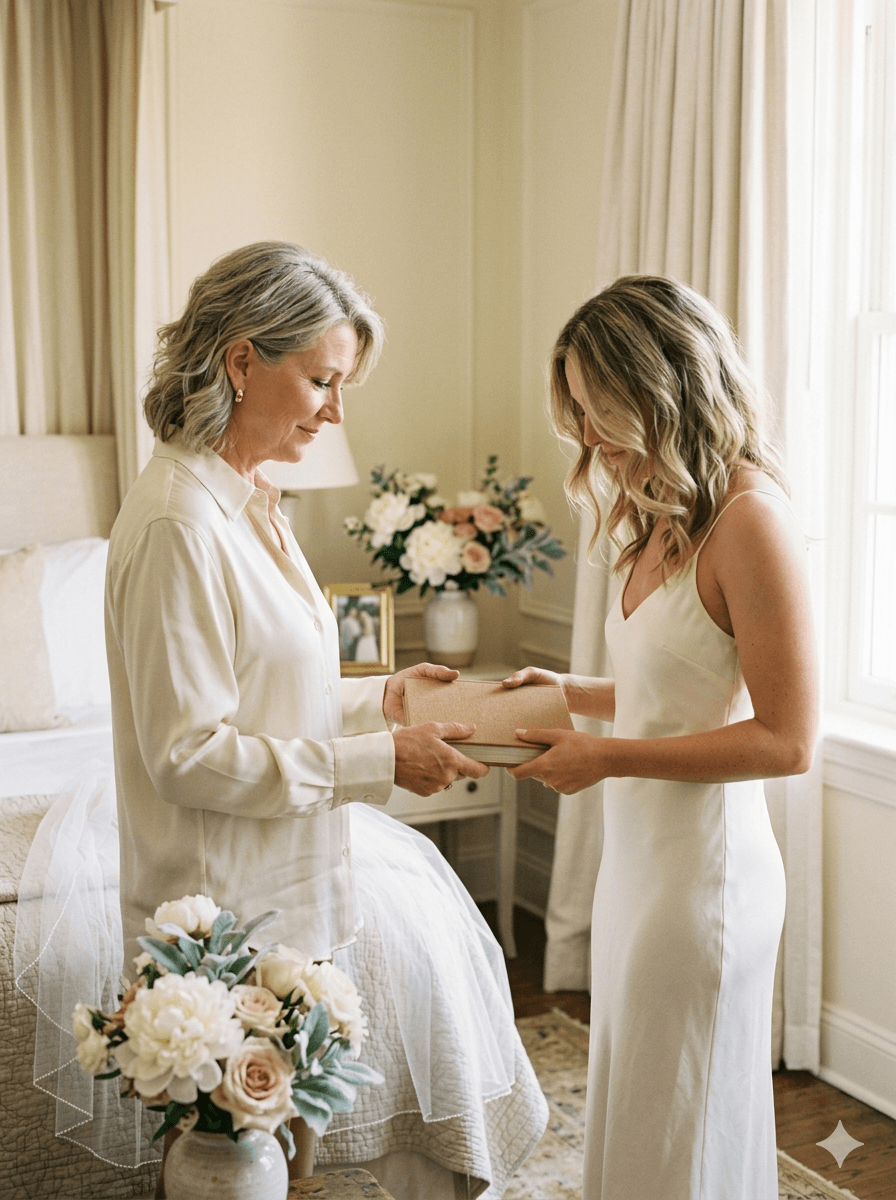 A mother in cream silk gently handing a Heartwoven hardcover book to her daughter in an ivory slip dress before the wedding gown, soft morning light