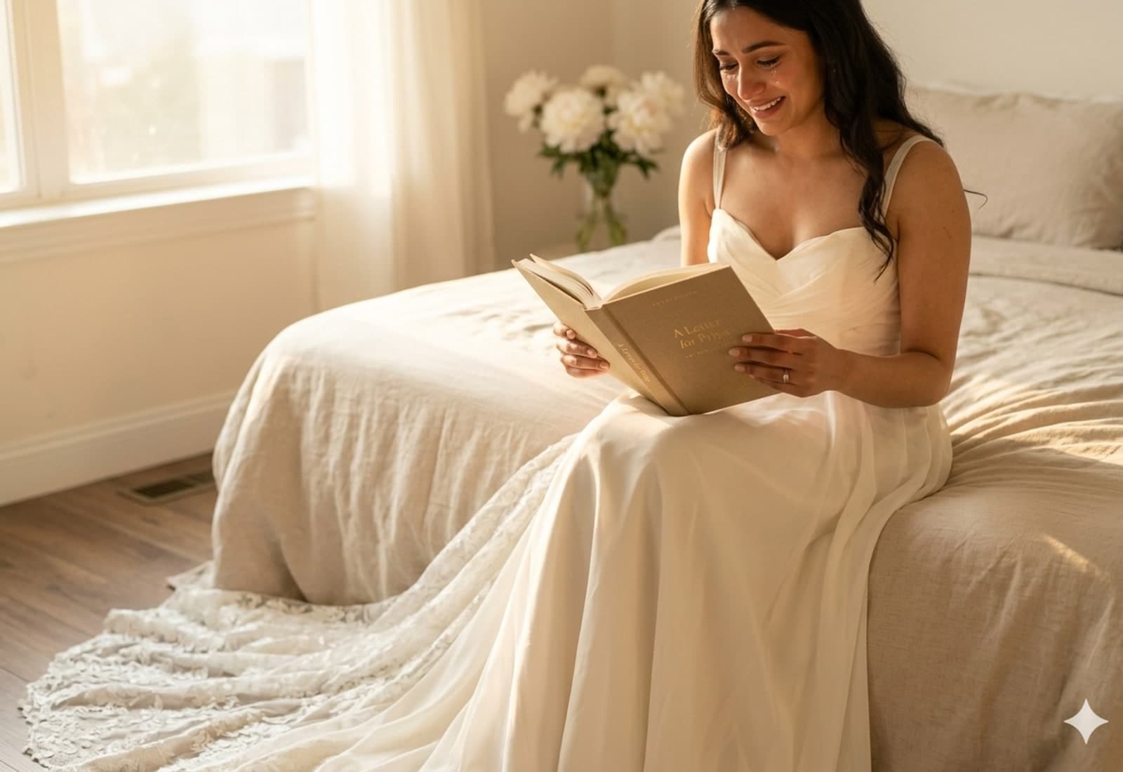 A bride in an ivory gown reading her Heartwoven letter book, smiling with happy tears in soft morning light