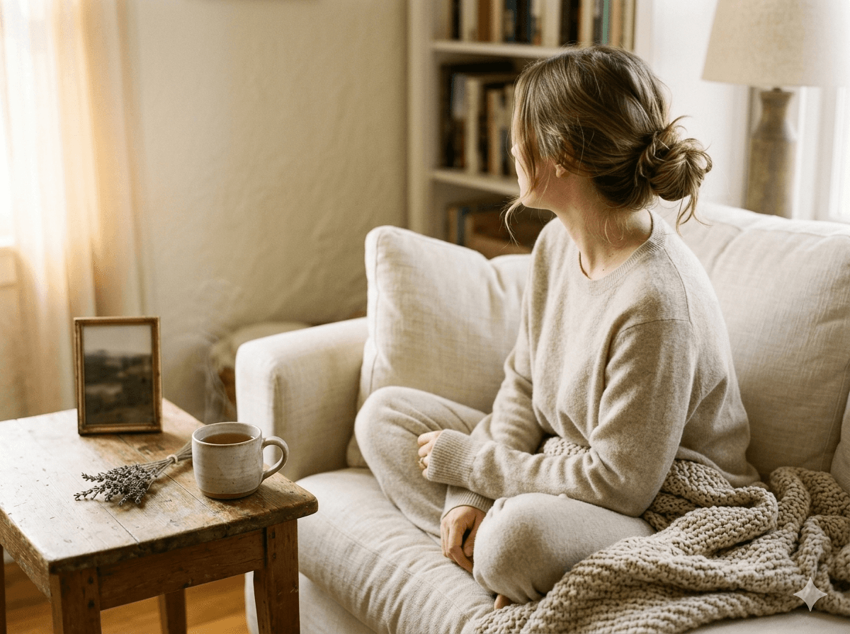A young woman on a cream couch in soft afternoon light, a cup of tea beside her, thinking quietly