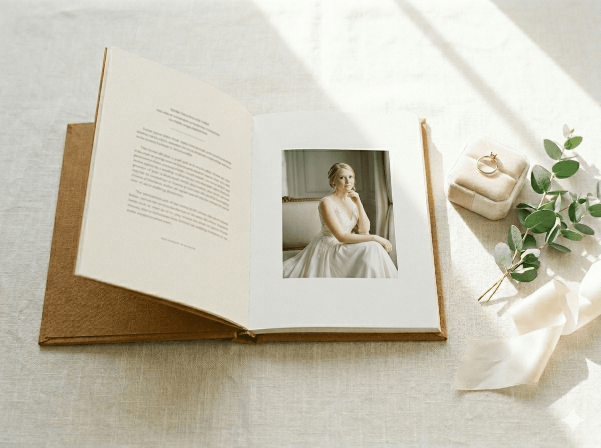 An open Heartwoven hardcover book on cream linen, showing a typeset letter spread with a photo plate, eucalyptus and ribbon beside